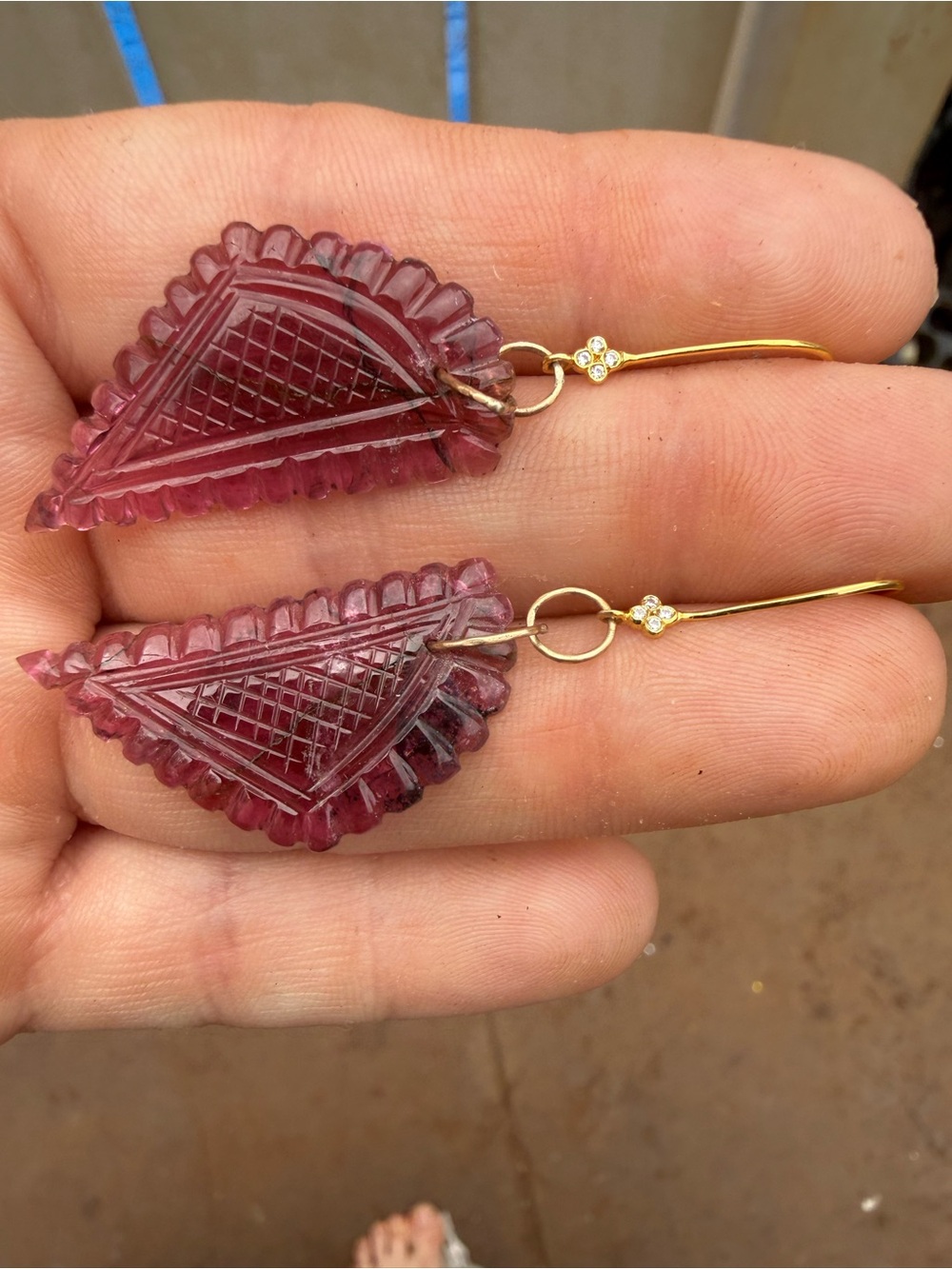 25.80ctw solid 14k gold genuine hand carved tourmaline/ diamond earrings - Picture 12 of 16